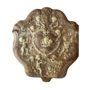 Vintage Carved Incolay Stone Pink Jewelry Trinket Box with Velvet Lining
